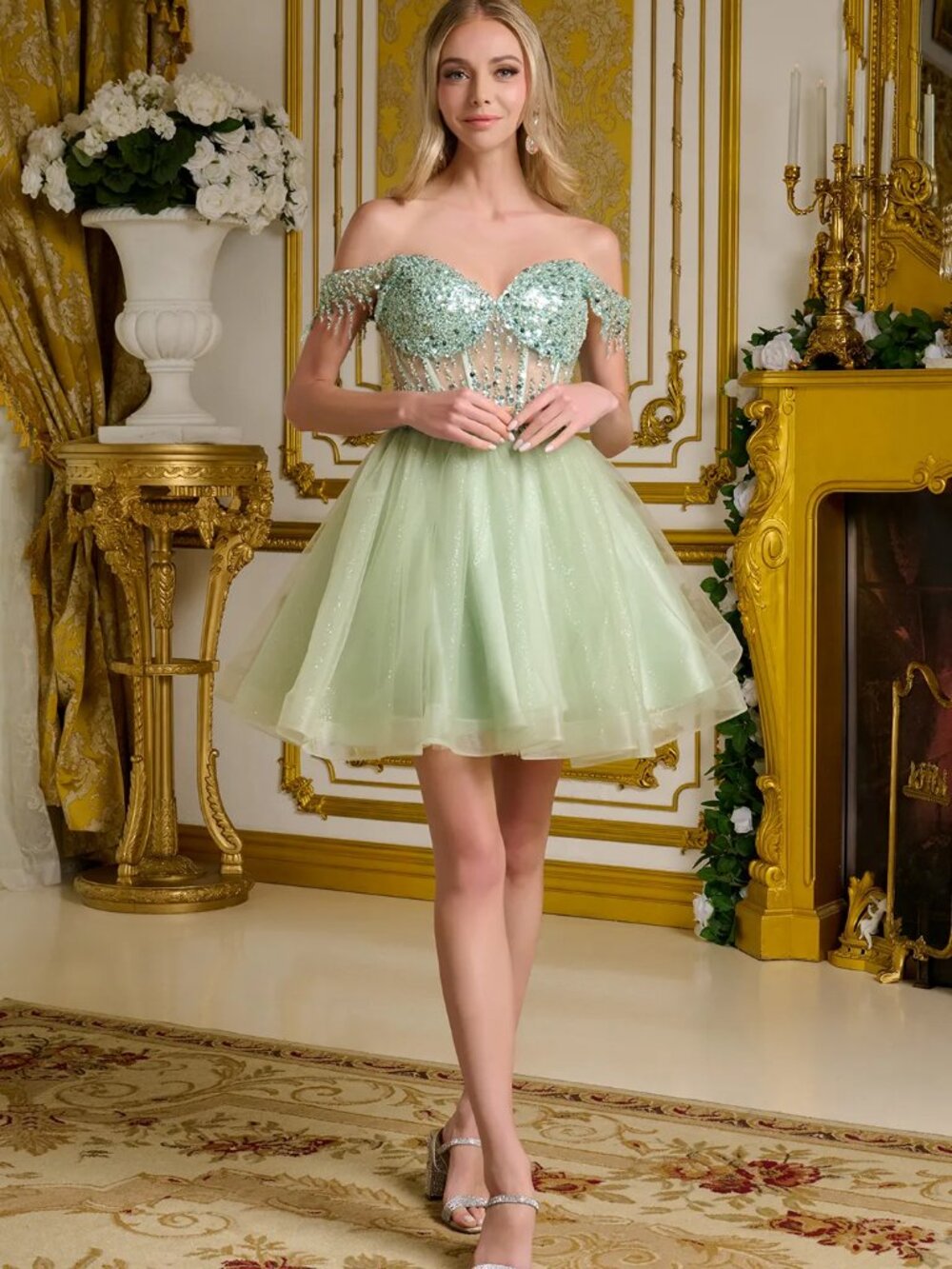 NEW SAGE Sequin & Glitter V-Neck Evening Gown Embellished GS3634